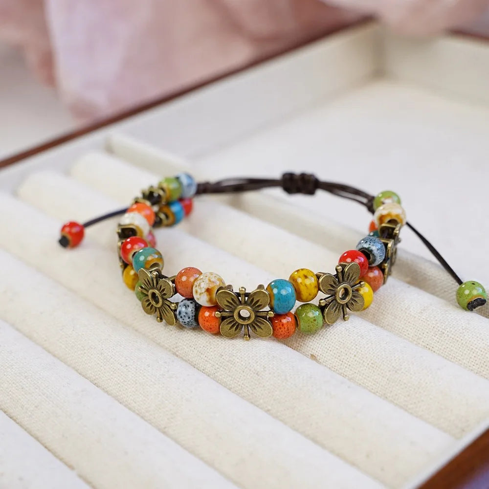 Cute Trendy Four-leaf Flower Double Layer Beaded Ceramic Bracelet for Women Charm  Adjustable Handmade Rope Weaving Jewelry Gift