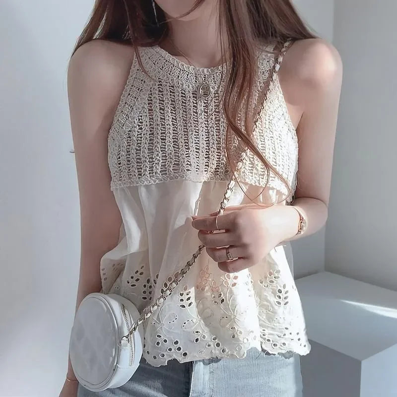 Tanks Women Chic Hollow Out Loose Fit Solid All-match Streetwear Korean Fashion Sweet Hot Girls Tops Summer Sexy Female Clothes