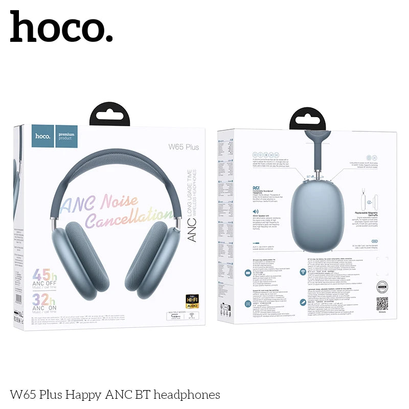 HOCO W65 Plus ANC Noise Reduction Bluetooth Headphones Over The Ear Wireless Big Earphone Hifi Sounds Sport Headsets With Button