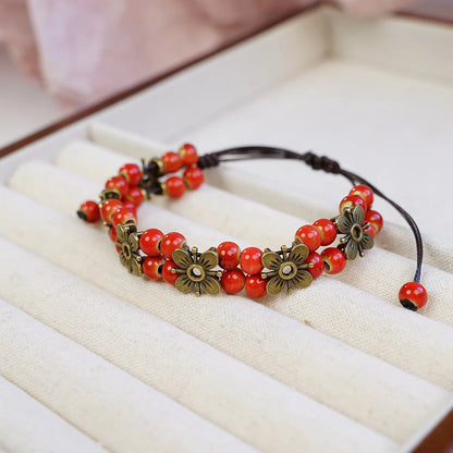 Cute Trendy Four-leaf Flower Double Layer Beaded Ceramic Bracelet for Women Charm  Adjustable Handmade Rope Weaving Jewelry Gift