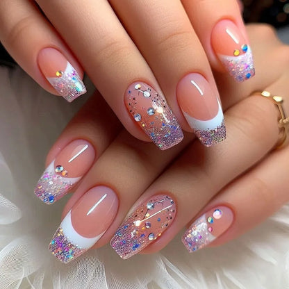 24pcs/set Short Medium fake nails for women girls gradient shiny glitters heart french Square almond tips Press on false nail