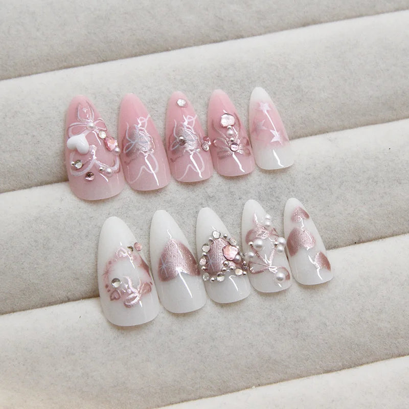 24Pcs/set Sweet Bow False Nails Press On Nails Fake Nails Kit Artificial Art Nails Finger DIY Manicure For Women And Girls