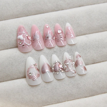 24Pcs/set Sweet Bow False Nails Press On Nails Fake Nails Kit Artificial Art Nails Finger DIY Manicure For Women And Girls