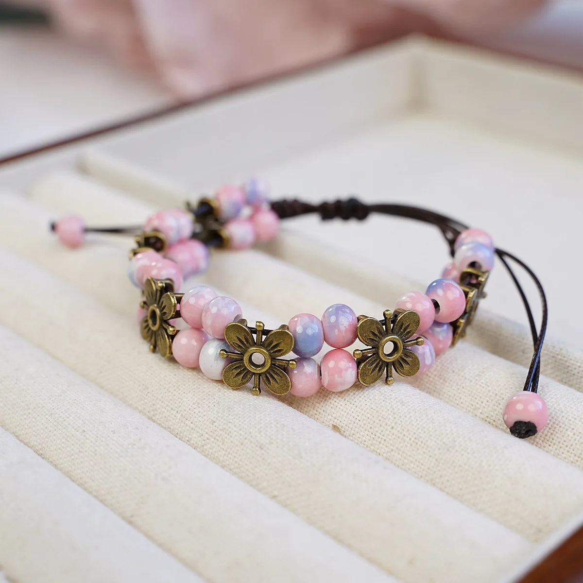 Cute Trendy Four-leaf Flower Double Layer Beaded Ceramic Bracelet for Women Charm  Adjustable Handmade Rope Weaving Jewelry Gift