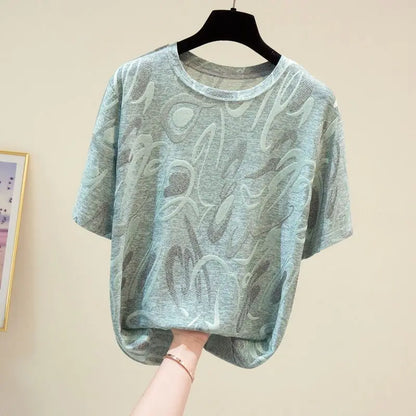 Vintage Aesthetic T-Shirts Short Sleeve Jacquard Pattern Design  Shirts for Women Elegant