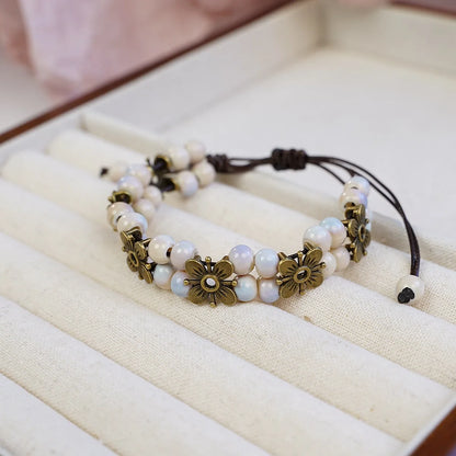 Cute Trendy Four-leaf Flower Double Layer Beaded Ceramic Bracelet for Women Charm  Adjustable Handmade Rope Weaving Jewelry Gift