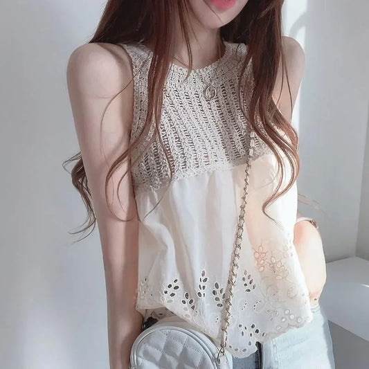 Tanks Women Chic Hollow Out Loose Fit Solid All-match Streetwear Korean Fashion Sweet Hot Girls Tops Summer Sexy Female Clothes