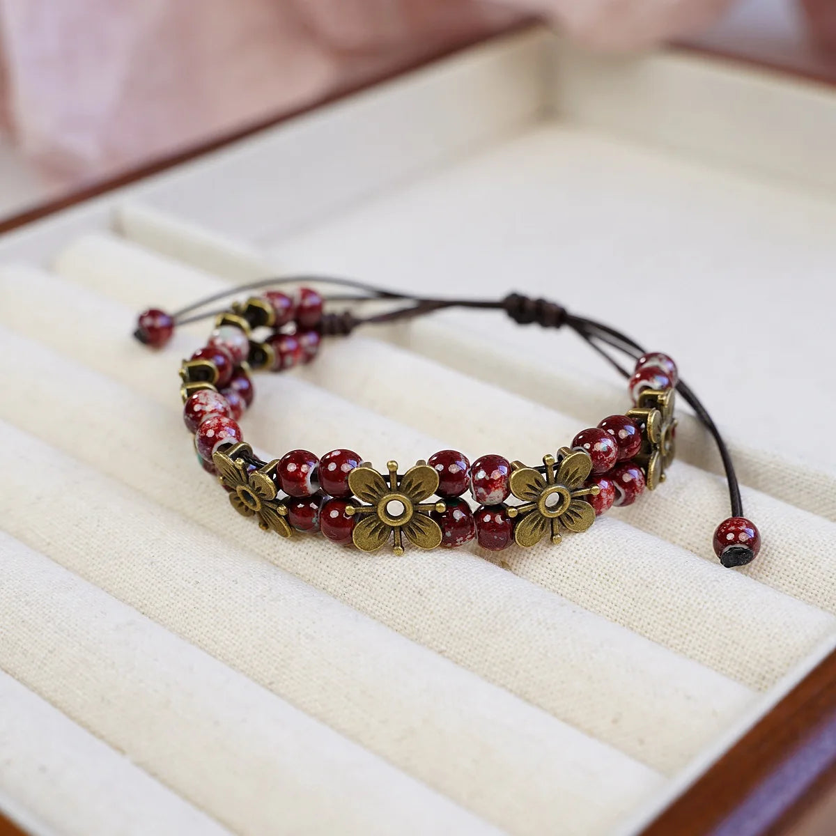 Cute Trendy Four-leaf Flower Double Layer Beaded Ceramic Bracelet for Women Charm  Adjustable Handmade Rope Weaving Jewelry Gift