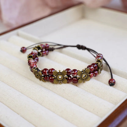 Cute Trendy Four-leaf Flower Double Layer Beaded Ceramic Bracelet for Women Charm  Adjustable Handmade Rope Weaving Jewelry Gift