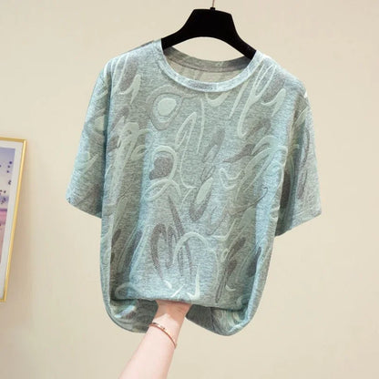 Vintage Aesthetic T-Shirts Short Sleeve Jacquard Pattern Design  Shirts for Women Elegant