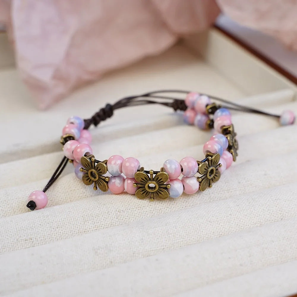 Cute Trendy Four-leaf Flower Double Layer Beaded Ceramic Bracelet for Women Charm  Adjustable Handmade Rope Weaving Jewelry Gift