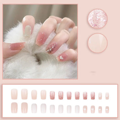 24pcs/set Short Medium fake nails for women girls gradient shiny glitters heart french Square almond tips Press on false nail