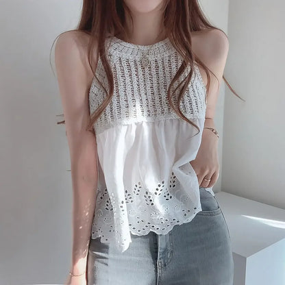 Tanks Women Chic Hollow Out Loose Fit Solid All-match Streetwear Korean Fashion Sweet Hot Girls Tops Summer Sexy Female Clothes