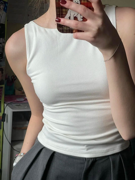 Women Double Layer Boat Neck Soft Slinky Tank Top