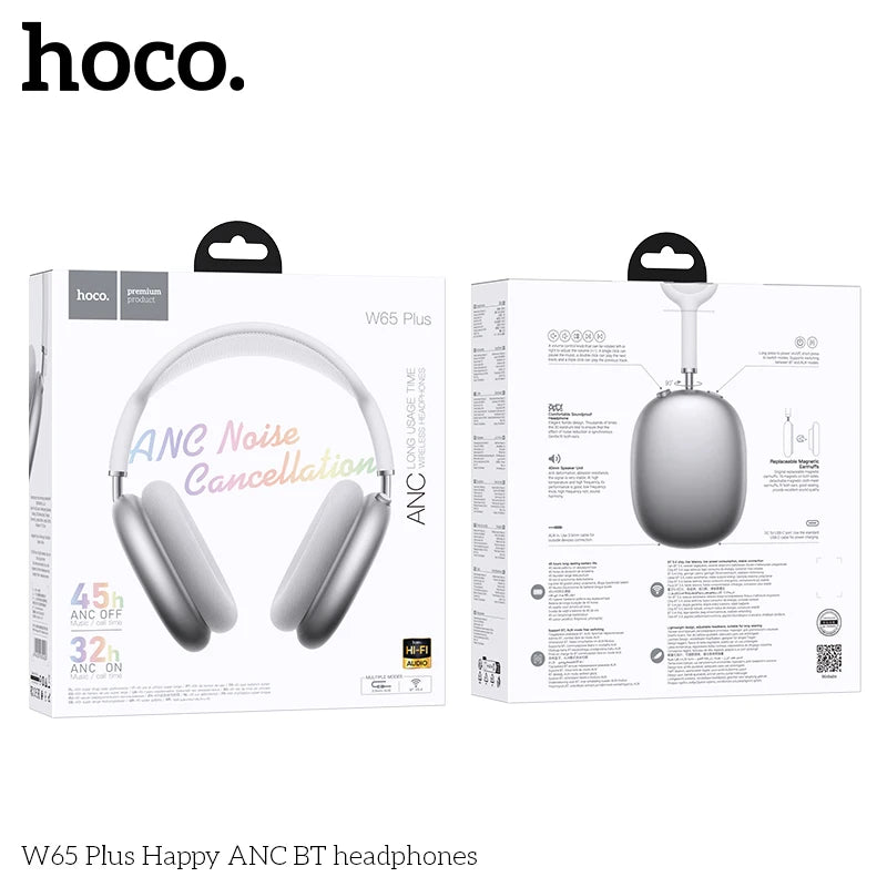 HOCO W65 Plus ANC Noise Reduction Bluetooth Headphones Over The Ear Wireless Big Earphone Hifi Sounds Sport Headsets With Button