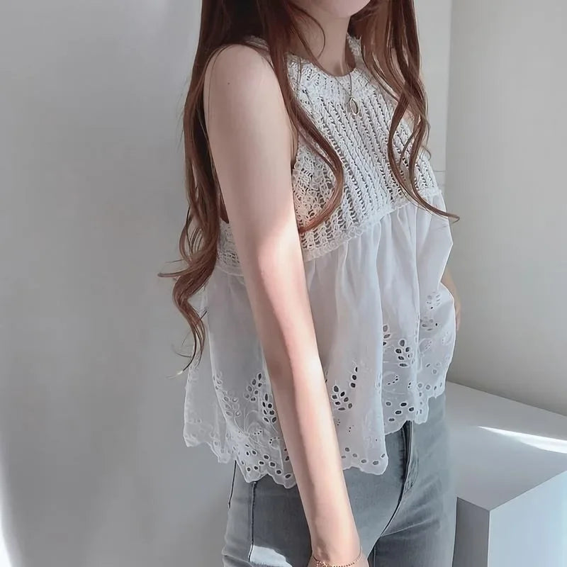 Tanks Women Chic Hollow Out Loose Fit Solid All-match Streetwear Korean Fashion Sweet Hot Girls Tops Summer Sexy Female Clothes