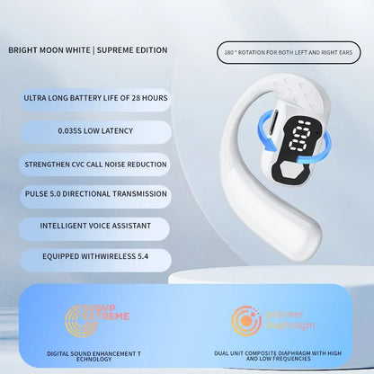 Wireless Headset 180° Rotation Adjustable Left Right Open Bluetooth 5.4 Ear Universal Earphone Mic Sport Business Music Ear-Hook