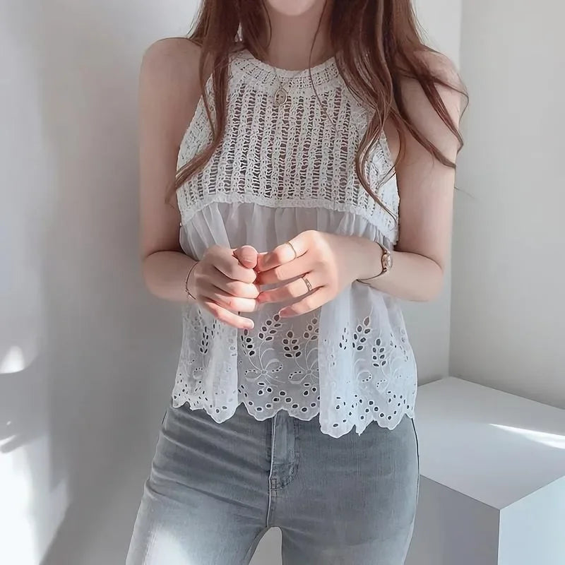 Tanks Women Chic Hollow Out Loose Fit Solid All-match Streetwear Korean Fashion Sweet Hot Girls Tops Summer Sexy Female Clothes