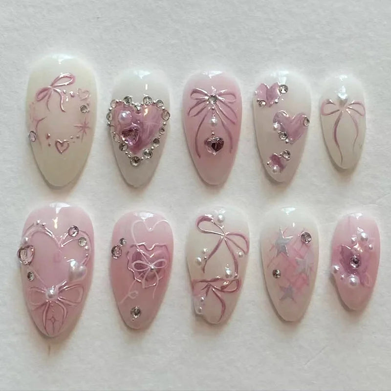 24Pcs/set Sweet Bow False Nails Press On Nails Fake Nails Kit Artificial Art Nails Finger DIY Manicure For Women And Girls
