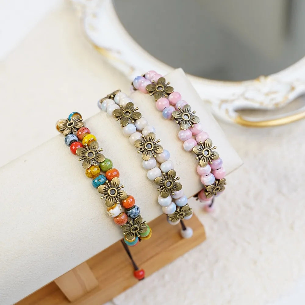 Cute Trendy Four-leaf Flower Double Layer Beaded Ceramic Bracelet for Women Charm  Adjustable Handmade Rope Weaving Jewelry Gift