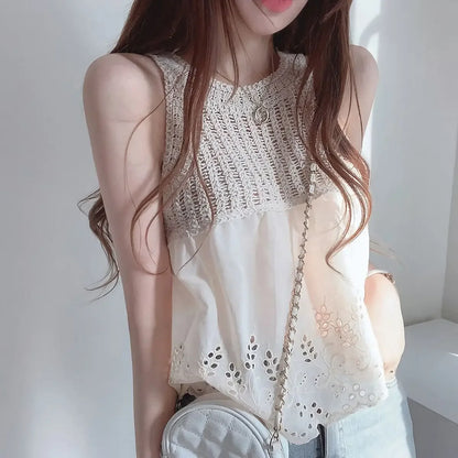 Tanks Women Chic Hollow Out Loose Fit Solid All-match Streetwear Korean Fashion Sweet Hot Girls Tops Summer Sexy Female Clothes