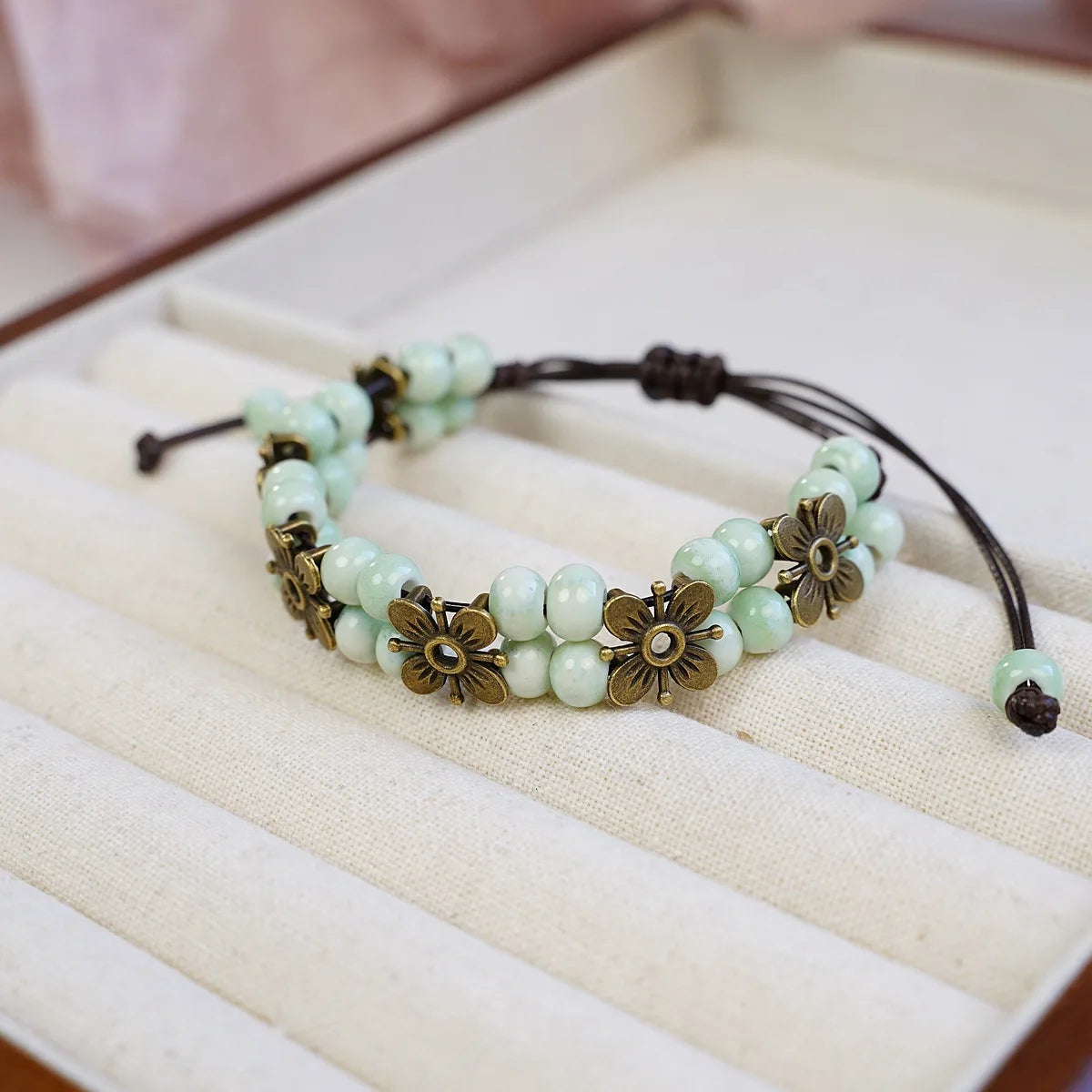 Cute Trendy Four-leaf Flower Double Layer Beaded Ceramic Bracelet for Women Charm  Adjustable Handmade Rope Weaving Jewelry Gift