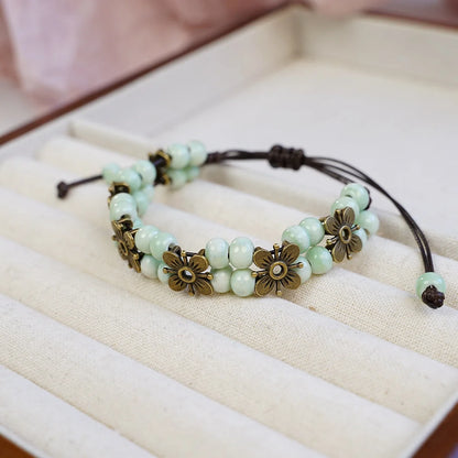 Cute Trendy Four-leaf Flower Double Layer Beaded Ceramic Bracelet for Women Charm  Adjustable Handmade Rope Weaving Jewelry Gift