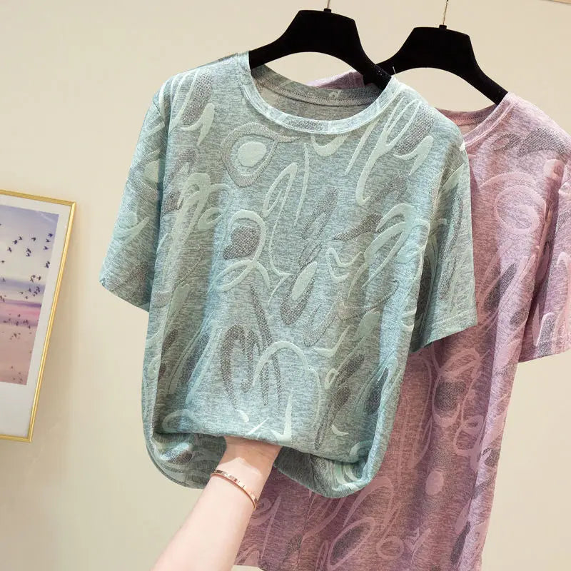 Vintage Aesthetic T-Shirts Short Sleeve Jacquard Pattern Design  Shirts for Women Elegant