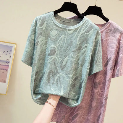 Vintage Aesthetic T-Shirts Short Sleeve Jacquard Pattern Design  Shirts for Women Elegant