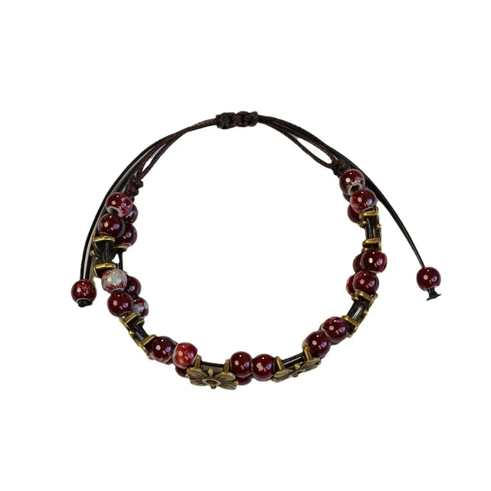 Cute Trendy Four-leaf Flower Double Layer Beaded Ceramic Bracelet for Women Charm  Adjustable Handmade Rope Weaving Jewelry Gift