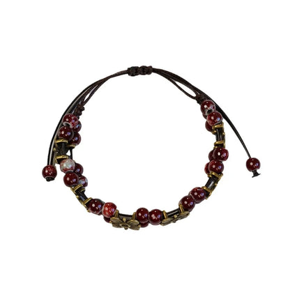 Cute Trendy Four-leaf Flower Double Layer Beaded Ceramic Bracelet for Women Charm  Adjustable Handmade Rope Weaving Jewelry Gift