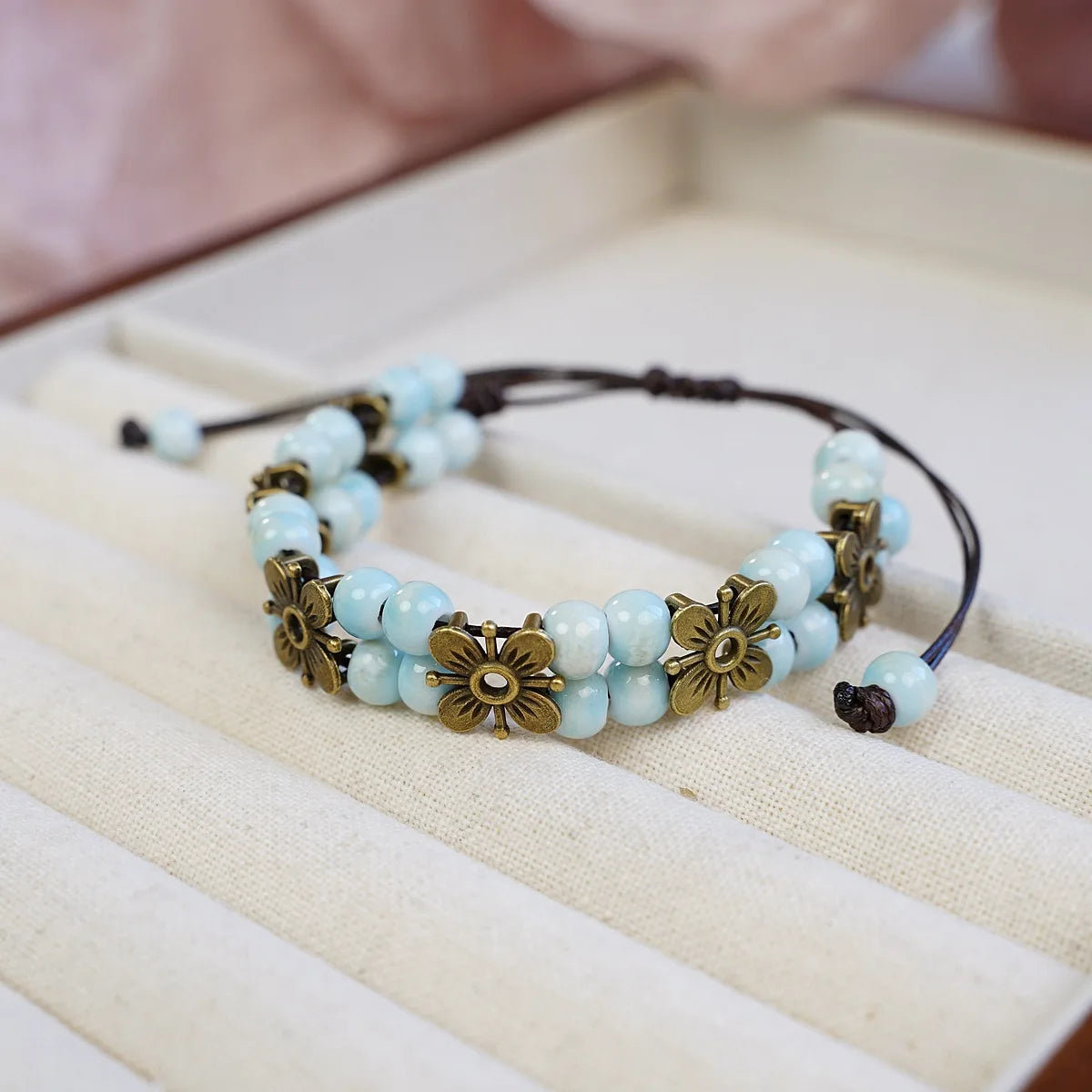 Cute Trendy Four-leaf Flower Double Layer Beaded Ceramic Bracelet for Women Charm  Adjustable Handmade Rope Weaving Jewelry Gift