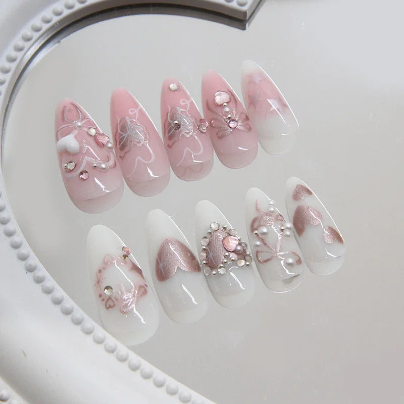 24Pcs/set Sweet Bow False Nails Press On Nails Fake Nails Kit Artificial Art Nails Finger DIY Manicure For Women And Girls