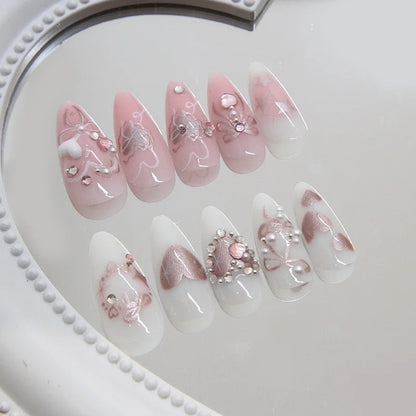 24Pcs/set Sweet Bow False Nails Press On Nails Fake Nails Kit Artificial Art Nails Finger DIY Manicure For Women And Girls